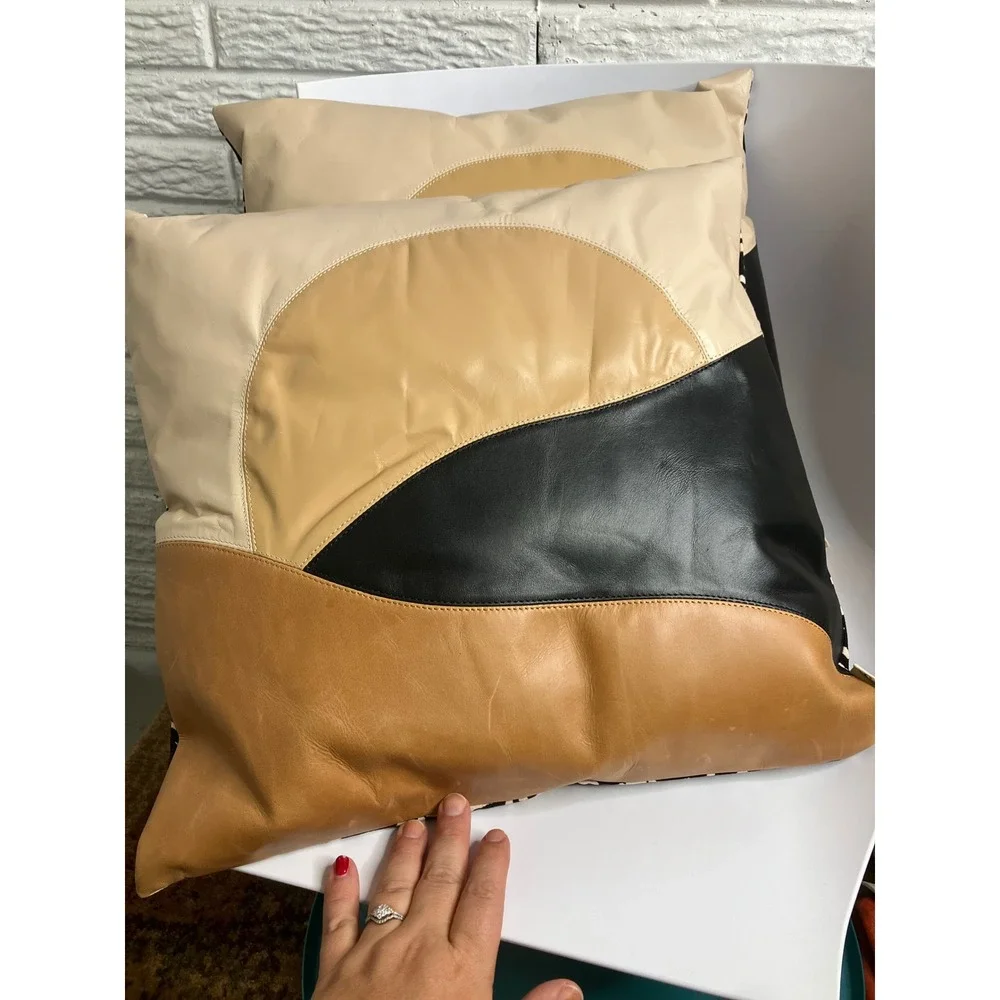 Sseko Throw Pillows Unisex 18x18 Tan Black Excellent Leather Colorblock 2pc Set